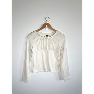 Womens XL Y2K Babydoll Top White Ribbed Bow